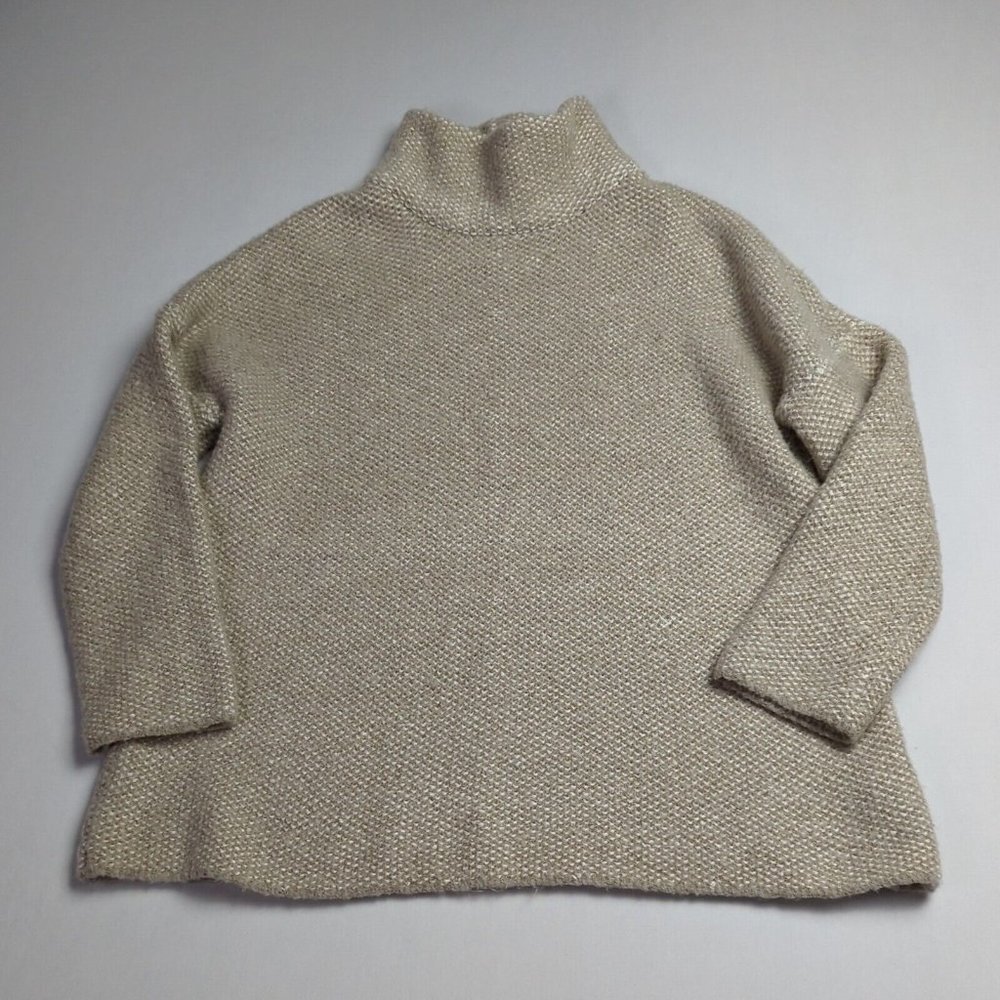 Zara Knit Sweater Womens Small Ivory Brown Knit Wool Blend Mock Neck Pullover